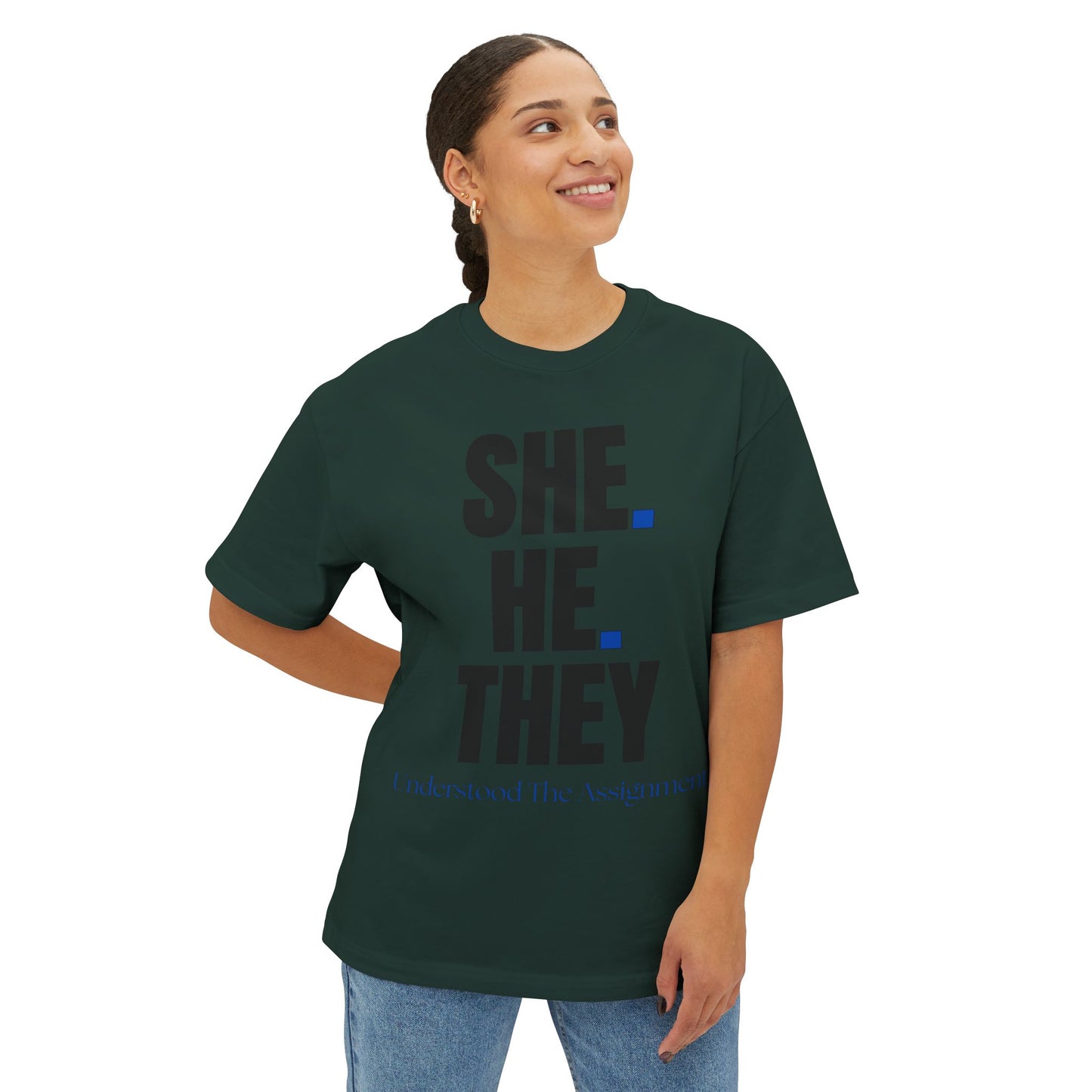 SHE. HE. THEY - Gender Identity Awareness Boxy Tee, Unisex Oversized Shirt, LGBTQ+ Pride Tee, Inclusive Fashion, Everyday Casual Wear